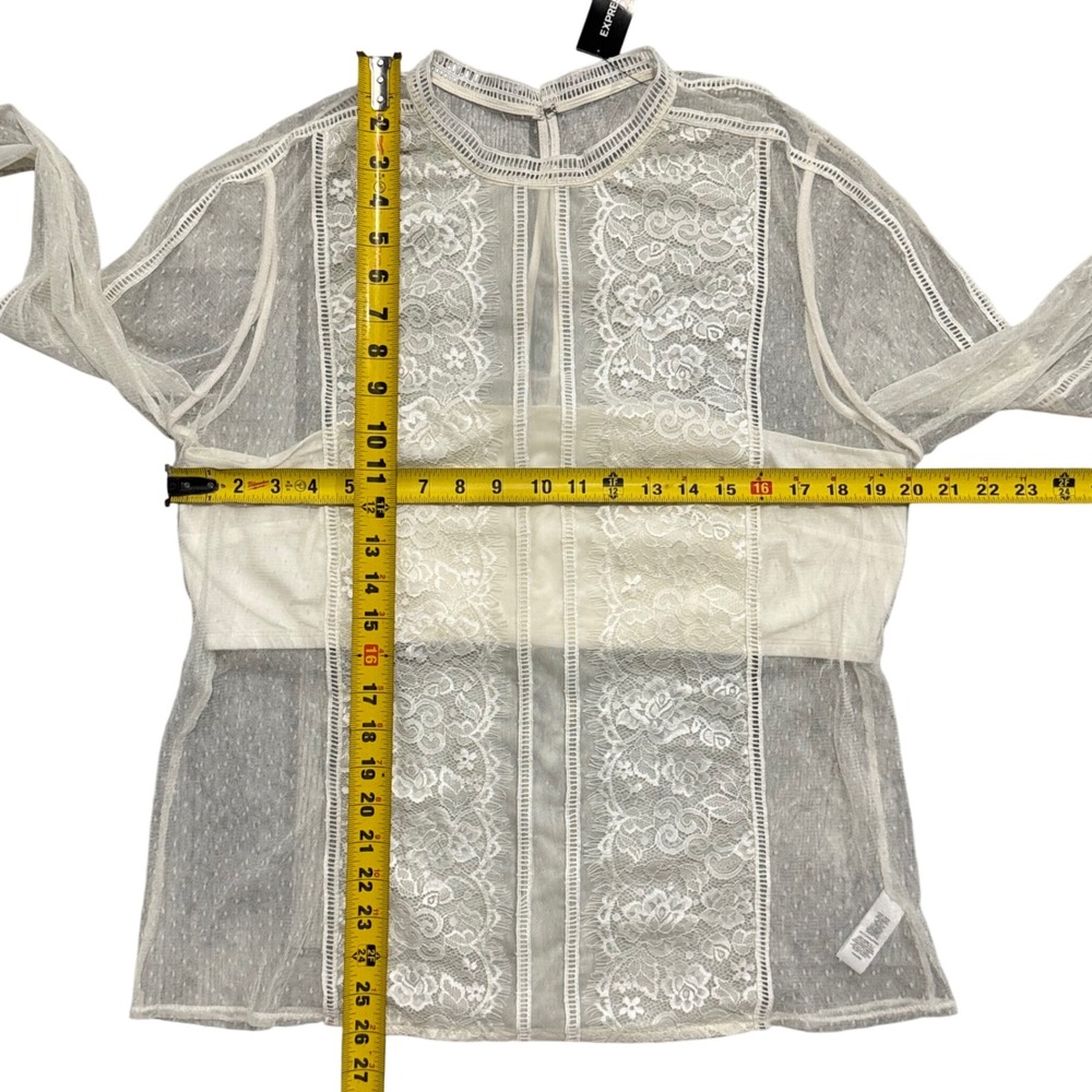NWT Express Lace Inset‎ Blouse Sheer Long Sleeve Top Ivory XL Cottagecore Boho - Picture 8 of 8